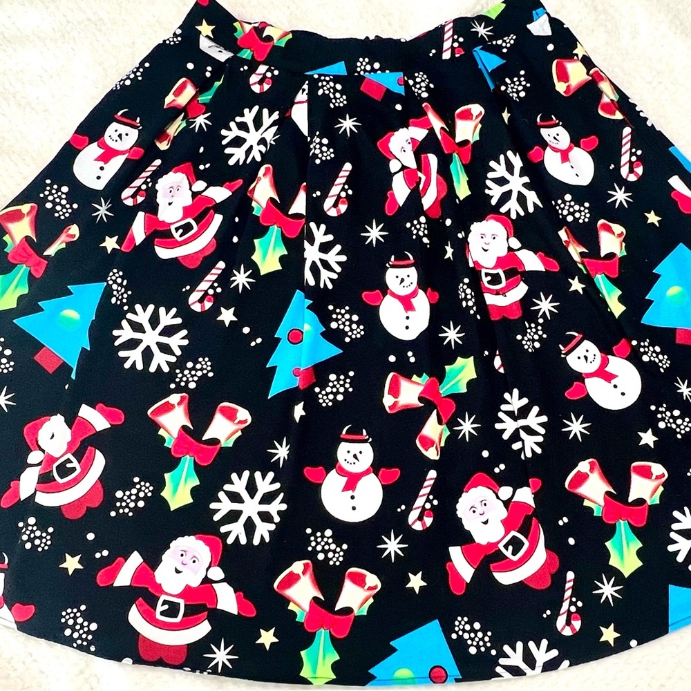 Black Holiday Print Skirt with Santa and Snowmen